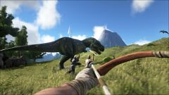A プレイヤーが弓でティラノサウルスを撃つ。(TLC以前)