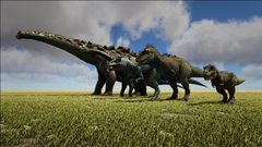Size comparison with Rex, Giganotosaurus, Bronto and Titanosaur (It's similar size to Giganotosaurus, with Giga being slightly taller than Carcha)