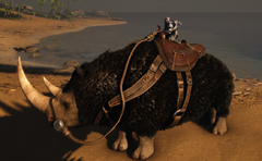 Un joueur chevauchant un Rhinocéros laineux.