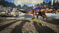 Diplodocus transporting players on its 11-seater saddle