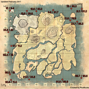 Carte des Reliques antiques des profondeurs de The Island avec les coordonnées.