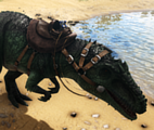 A Giganotosaurus wearing the saddle