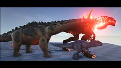 Comparaison de taille entre un Godzillark Alpha, un Titanosaure, un Gigano et un Humain.
