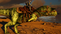 A Carnotaurus wearing the saddle