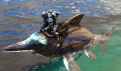 Un joueur chevauchant un Ichthyosaure.